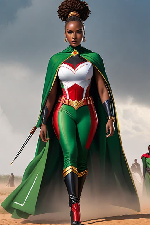  Pretty African aged 15, very beautiful with black superhero costume, long cape in the colors of the flag of Kenya red green black white, Afro bun, herd of zes in the background, determined look, very beautiful, brown eyes, eyes almond shaped, small s hyperrealistic, full body, detailed clothing, highly detailed, cinematic lighting, stunningly beautiful, intricate, sharp focus, f/1. 8, 85mm, (centered image composition), (professionally color graded), ((bright soft diffused light)), volumetric fog, trending on instagram, trending on tumblr, HDR 4K, 8K