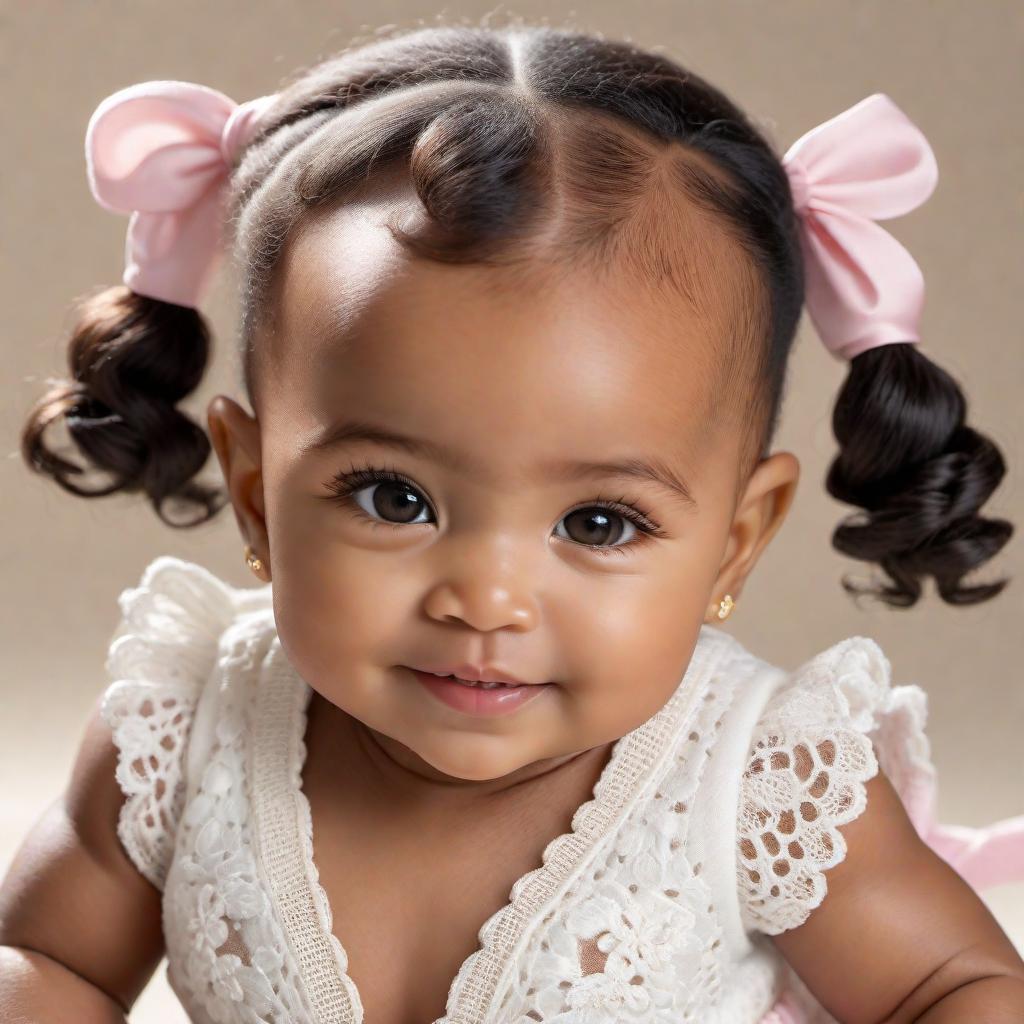  8-month-old baby girl with black curly hair in 2 ponytails, medium skin tone (African American and Mexican descent), 22 pounds, and 30 inches tall. She has small eyes and a beautiful smile. hyperrealistic, full body, detailed clothing, highly detailed, cinematic lighting, stunningly beautiful, intricate, sharp focus, f/1. 8, 85mm, (centered image composition), (professionally color graded), ((bright soft diffused light)), volumetric fog, trending on instagram, trending on tumblr, HDR 4K, 8K