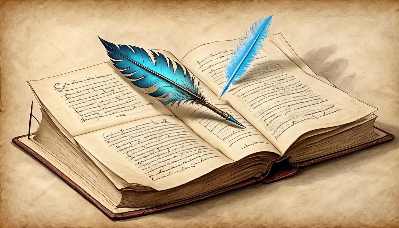  on parchment, surrealism+++, An open book with blank, glowing pages, a quill pen levitating next to it, new beginnings, limitless potential(mysterious, provocative, symbolic,muted color)+++