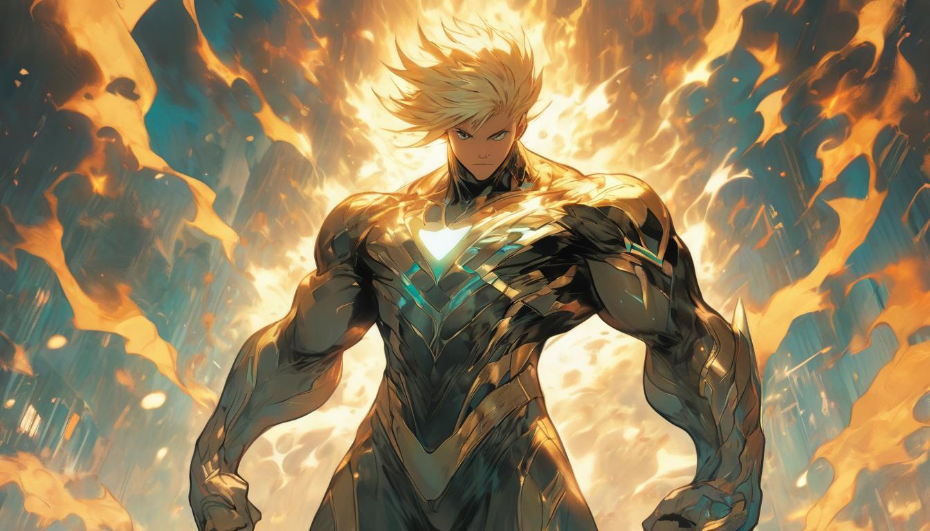  hyperrealism,fantasy aesthetic1man, attractive blonde arian male humanoid, standing triumphantly with a completed project in hand, surrounded by a glowing aura of satisfaction and accomplishment, high tech clothing clad in sleek, futuristic costume with metallic accents and form fitting designs, marvel superhero comics style, unreal engine rendering