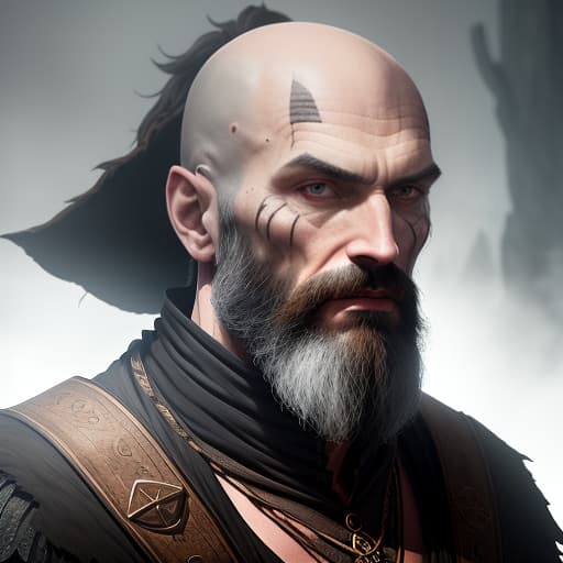  A tall ancient hunter of witches, bald and bearded with facial scars. hyperrealistic, full body, detailed clothing, highly detailed, cinematic lighting, stunningly beautiful, intricate, sharp focus, f/1. 8, 85mm, (centered image composition), (professionally color graded), ((bright soft diffused light)), volumetric fog, trending on instagram, trending on tumblr, HDR 4K, 8K