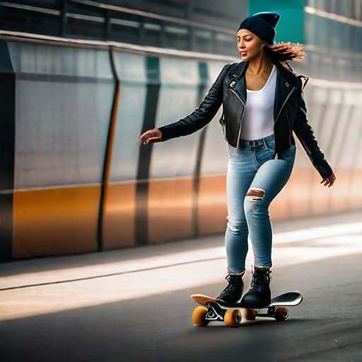  young woman skating in urban hyperrealistic, full body, detailed clothing, highly detailed, cinematic lighting, stunningly beautiful, intricate, sharp focus, f/1. 8, 85mm, (centered image composition), (professionally color graded), ((bright soft diffused light)), volumetric fog, trending on instagram, trending on tumblr, HDR 4K, 8K