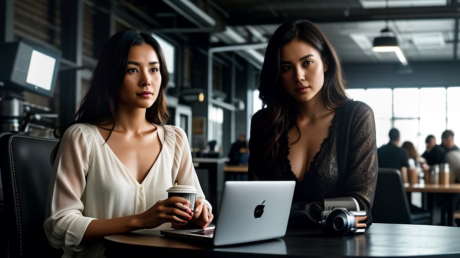  (dark shot:1.1), epic realistic, a woman is sitting at a table with a robot,in the technic center,laptop is on the table in front of the woman, both holding cups of coffee.extremely high resolution details, photographic, realism pushed to extreme, fine texture, incredibly lifelike, faded, (neutral colors:1.2), (hdr:1.4), (muted colors:1.2), hyperdetailed, (artstation:1.4), cinematic, warm lights, dramatic light, (intricate details:1.1), complex background, (rutkowski:0.66), (teal and orange:0.4) hyperrealistic, full body, detailed clothing, highly detailed, cinematic lighting, stunningly beautiful, intricate, sharp focus, f/1. 8, 85mm, (centered image composition), (professionally color graded), ((bright soft diffused light)), volumetric fog, trending on instagram, trending on tumblr, HDR 4K, 8K