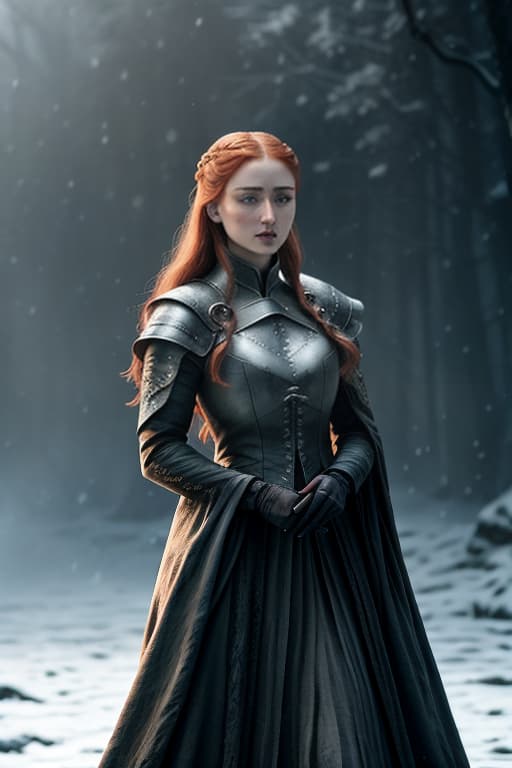  game of thrones, sansa stark hyperrealistic, full body, detailed clothing, highly detailed, cinematic lighting, stunningly beautiful, intricate, sharp focus, f/1. 8, 85mm, (centered image composition), (professionally color graded), ((bright soft diffused light)), volumetric fog, trending on instagram, trending on tumblr, HDR 4K, 8K