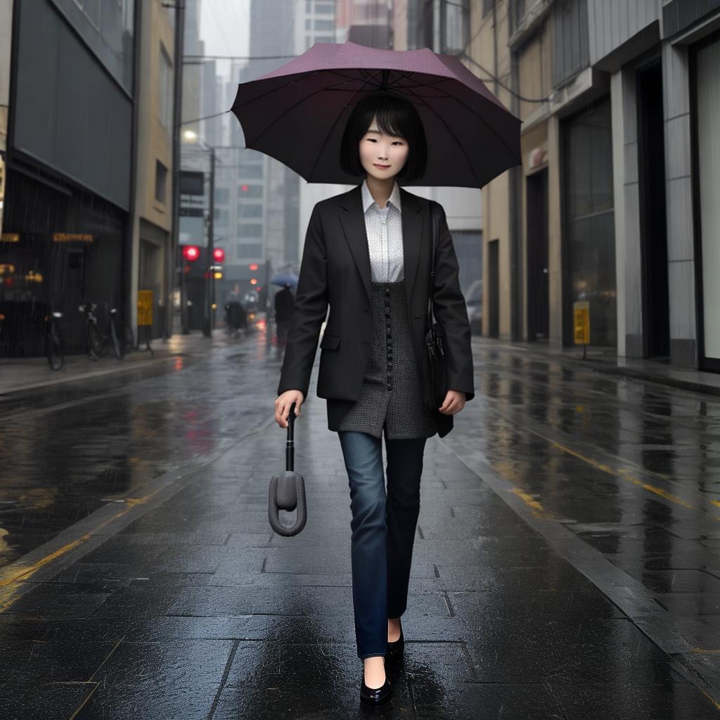  Masterpiece, best quality, a photo of a model holding this stylish umbrella in the rain, against a backdrop of urban buildings or streets, highlighting the stylish design and utility of the umbrella.