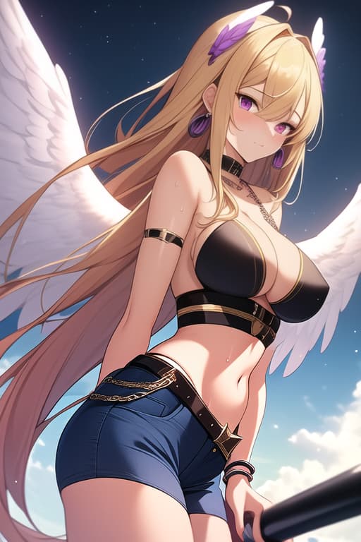  1 woman BREAK, long blonde hair, (bangs), red eyes, (upward slanting eyes: 0.7), slender, (sweat: 0.8), shiny body, shiny skin, (full breasts: 1.2), nipples, tight, cinched waist, slight abs, large breasts BREAK, earrings, chain belt, chain, chain accessories, purple flames above both eyebrows BREAK, chain necklace, chain accessories, ring, chain bracelet, angel wings from shoulder blades and angel from back wings and New Year's wings from waist (total 6/color: purple) BREAK, denim, long pants, tube top, hoodie, drinking canned juice, BREAK, looking up at the sky, in a good mood, hands in pockets BREAK, sky with lots of clouds BREAK, (masterpiece,, vibrant, very beautiful), BREAK, (very detailed), BREAK, (highest quality, 16k,), perfect ana hyperrealistic, full body, detailed clothing, highly detailed, cinematic lighting, stunningly beautiful, intricate, sharp focus, f/1. 8, 85mm, (centered image composition), (professionally color graded), ((bright soft diffused light)), volumetric fog, trending on instagram, trending on tumblr, HDR 4K, 8K