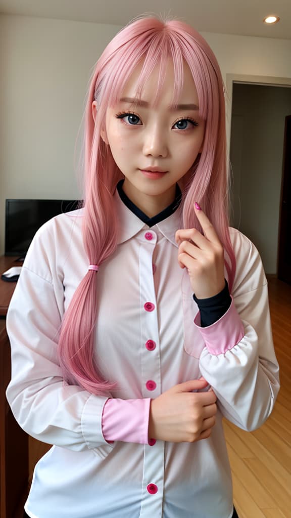  裸体 后入，做爱 , sanyueqi,1girl,solo,pink hair,gloves,long sleeves,blue eyes,bangs,shirt,white shirt,hair between eyes,pink eyes