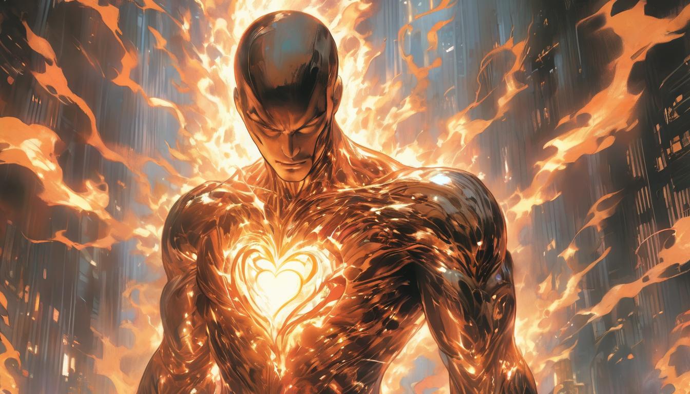  hyperrealism,fantasy aestheticA transparent human figure, heart replaced by a glowing flame, lines radiating from the core, energy flowing through limbs, essence, vitality, centrality., high tech clothing clad in sleek, futuristic costume with metallic accents and form fitting designs, marvel superhero comics style, unreal engine rendering