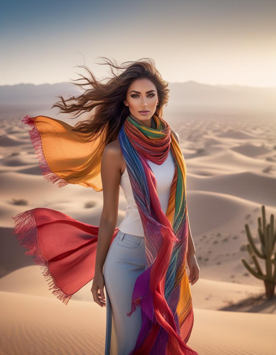  A woman with a colorful scarf and flowing hair stands before a desert backdrop. hyperrealistic, full body, detailed clothing, highly detailed, cinematic lighting, stunningly beautiful, intricate, sharp focus, f/1. 8, 85mm, (centered image composition), (professionally color graded), ((bright soft diffused light)), volumetric fog, trending on instagram, trending on tumblr, HDR 4K, 8K