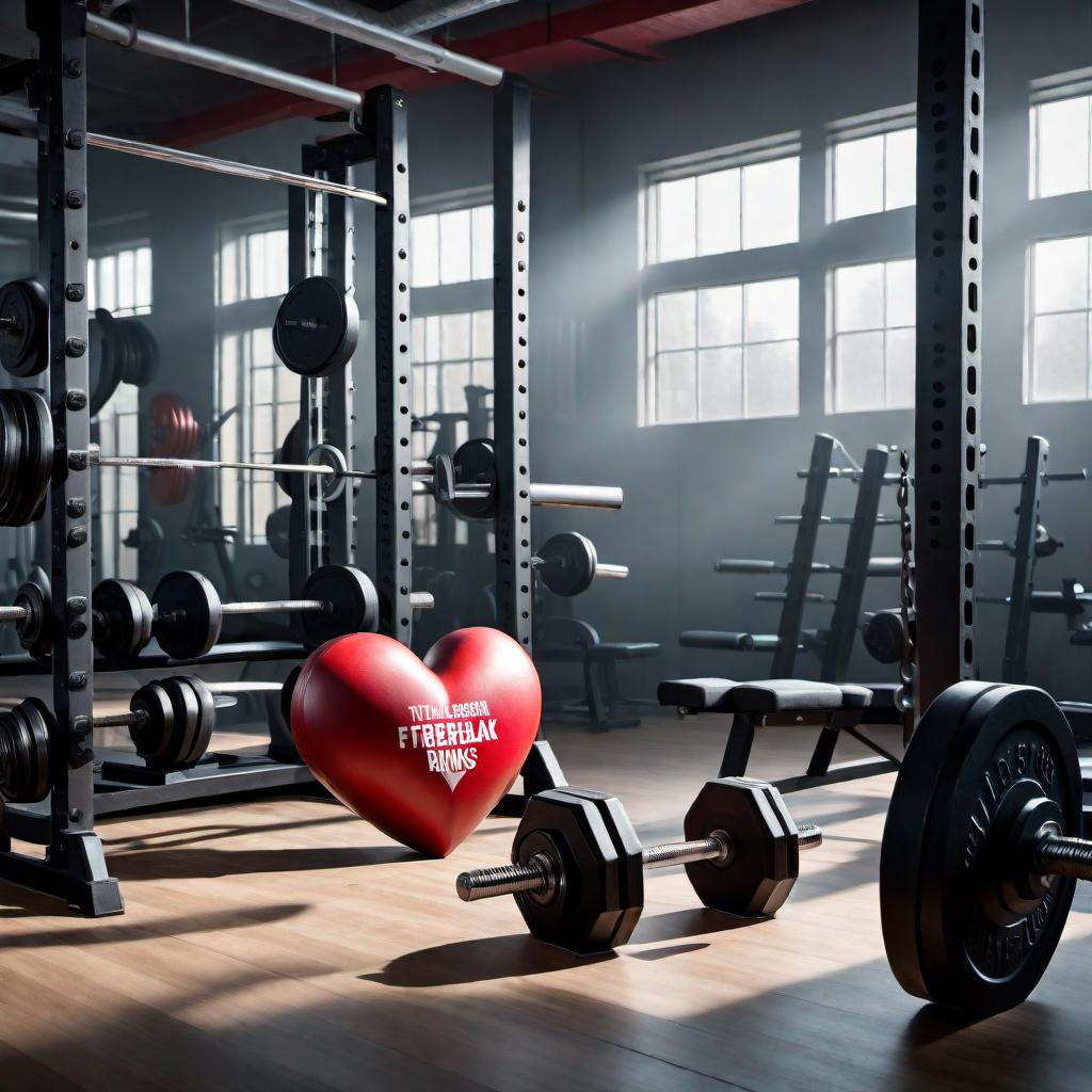  A broken heart inside a weight room. The heart is shattered and looks fragile. Around it, there is typical gym equipment such as dumbbells, barbells, and heavy weights. The environment should have a gritty and determined feel, with subtle lighting casting shadows to enhance the vibe. Above the scene, in bold, impactful letters, the caption reads: 'Heartbreak Brings Greatness'. hyperrealistic, full body, detailed clothing, highly detailed, cinematic lighting, stunningly beautiful, intricate, sharp focus, f/1. 8, 85mm, (centered image composition), (professionally color graded), ((bright soft diffused light)), volumetric fog, trending on instagram, trending on tumblr, HDR 4K, 8K