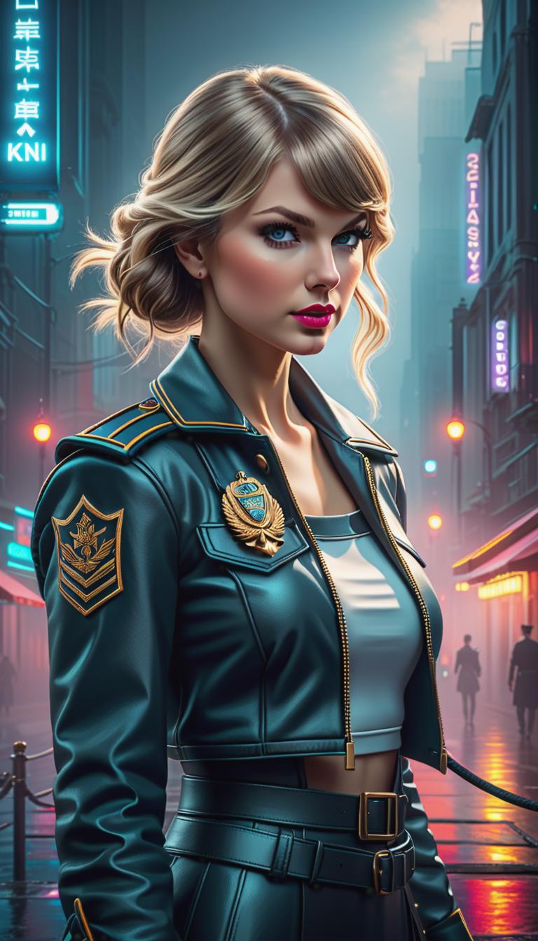  Cyberpunk style depiction of Taylor Swift as a sailor. The scene is set in a world where technology has advanced, but society and human conditions have not, creating a gritty, dystopian atmosphere. hyperrealistic, full body, detailed clothing, highly detailed, cinematic lighting, stunningly beautiful, intricate, sharp focus, f/1. 8, 85mm, (centered image composition), (professionally color graded), ((bright soft diffused light)), volumetric fog, trending on instagram, trending on tumblr, HDR 4K, 8K