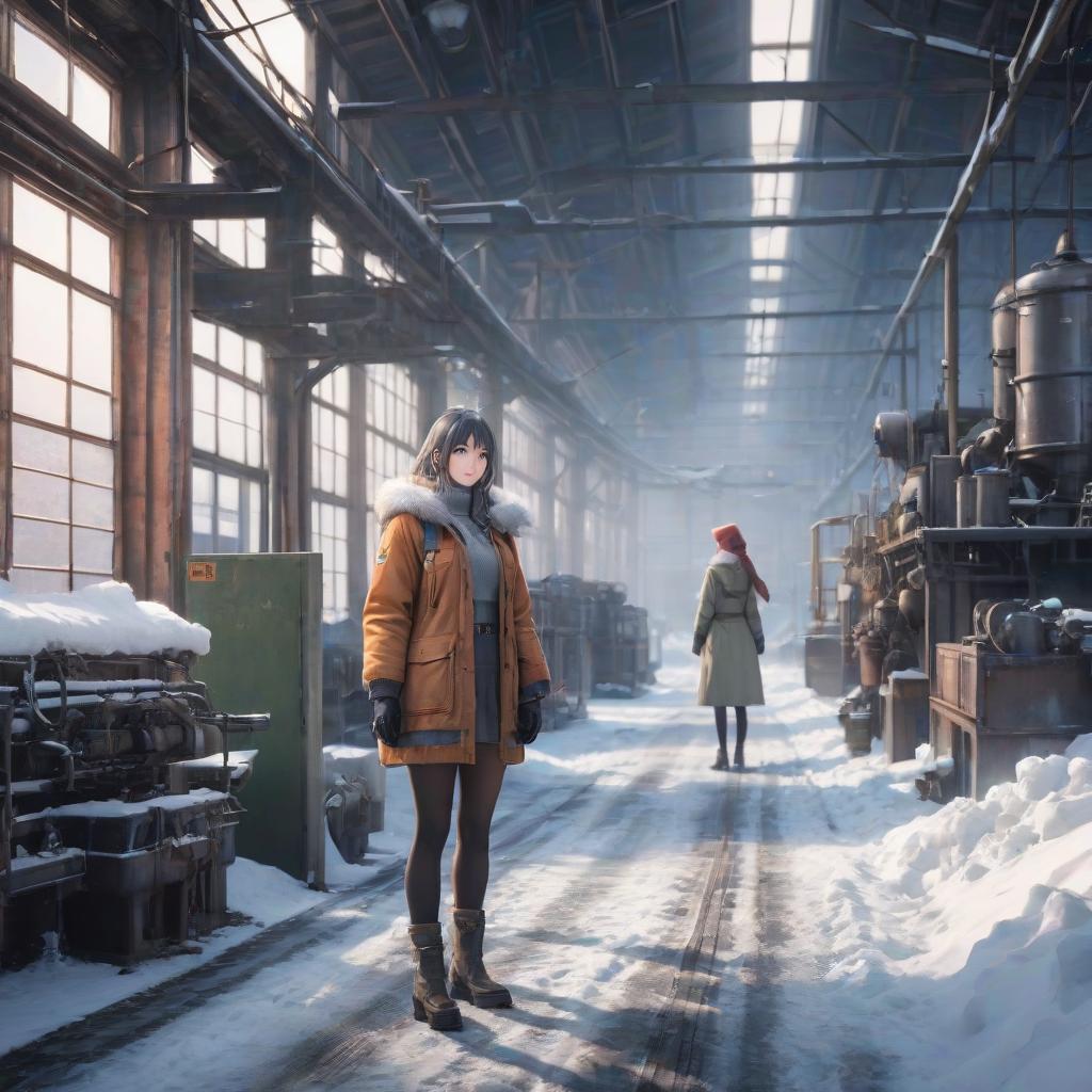  a woman that is standing in the snow, a picture, by Shitao, pixiv contest winner, stood in a factory, yama no susume, photobashing, standing in road hyperrealistic, full body, detailed clothing, highly detailed, cinematic lighting, stunningly beautiful, intricate, sharp focus, f/1. 8, 85mm, (centered image composition), (professionally color graded), ((bright soft diffused light)), volumetric fog, trending on instagram, trending on tumblr, HDR 4K, 8K