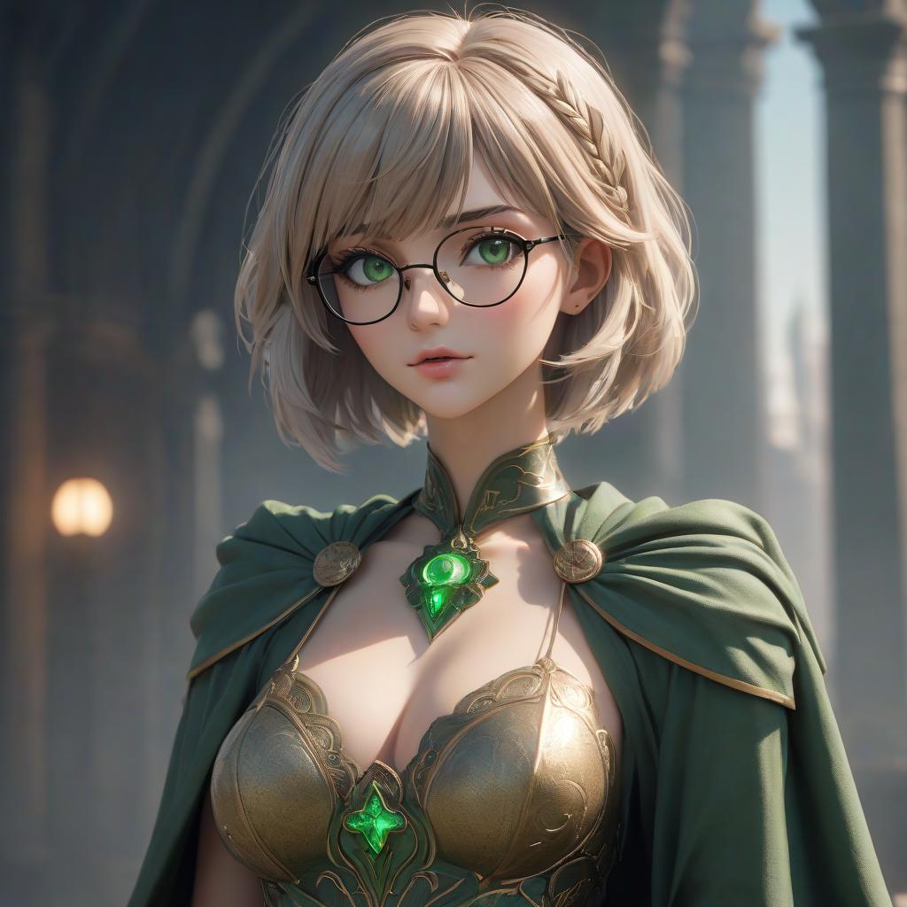  The goddess of justice and order and rigor. Strict tall woman. Short light hair with bangs, green eyes, glasses. Skinny body. hyperrealistic, full body, detailed clothing, highly detailed, cinematic lighting, stunningly beautiful, intricate, sharp focus, f/1. 8, 85mm, (centered image composition), (professionally color graded), ((bright soft diffused light)), volumetric fog, trending on instagram, trending on tumblr, HDR 4K, 8K