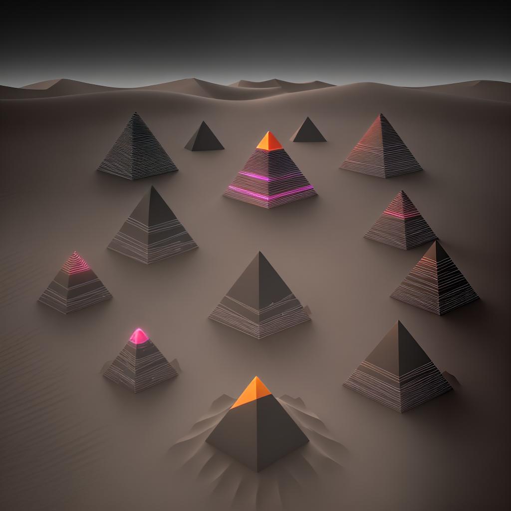  Dark minimalist background with 3d geometry dunes desert with flying cubes and pyramids abstract neon vector colored degraded gradient abstract hdr, uhd, 4k, 8k trending on artstation and deviantart bokeh