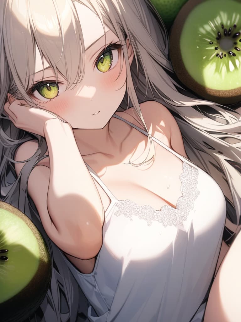  Cute, , long hair, thin body, , camisole, kiwi fruit, kiwi decoration, half twin, yellow green hair, yellow green eyes, tsuri eyes, masterpiece, best quality,8k,ultra detailed,high resolution,an extremely delicate and beautiful,hyper detail