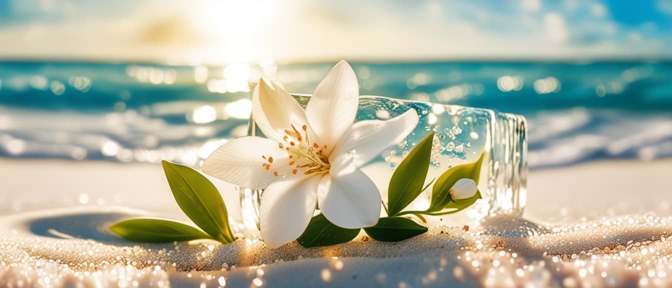  best quality, HD, Beach summer panoramic background with Jasmine flower on the cristal sand and glory water