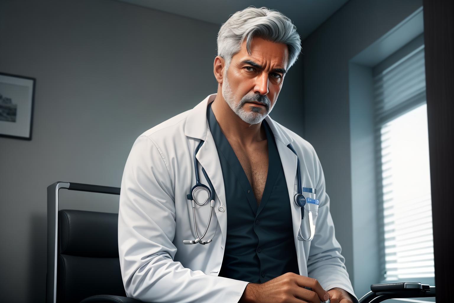  "Depict a middle aged male sitting in a doctor's office, looking concerned while holding his chest. The background shows a medical setting with a stethoscope and X ray images of lungs on the wall. The image is detailed and realistic, focusing on the man's facial expression and body language to convey early signs of lung cancer. The lighting is soft and natural, emphasizing the seriousness of the situation without distractions. The overall mood is somber and informative, highlighting the importance of recognizing early symptoms."Ensure no face,leg,hand or eye defomities.Ensure all images are clear, detailed, contains no text and no deformities. realistic, highly detailed, photorealistic, cinematic lighting, intricate, sharp focus, f/1.8, 85m hyperrealistic, full body, detailed clothing, highly detailed, cinematic lighting, stunningly beautiful, intricate, sharp focus, f/1. 8, 85mm, (centered image composition), (professionally color graded), ((bright soft diffused light)), volumetric fog, trending on instagram, trending on tumblr, HDR 4K, 8K