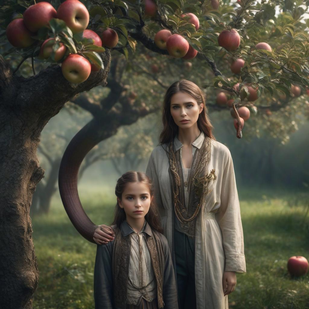  A girl and a boy are standing under an apple tree. A snake is hanging over it. hyperrealistic, full body, detailed clothing, highly detailed, cinematic lighting, stunningly beautiful, intricate, sharp focus, f/1. 8, 85mm, (centered image composition), (professionally color graded), ((bright soft diffused light)), volumetric fog, trending on instagram, trending on tumblr, HDR 4K, 8K