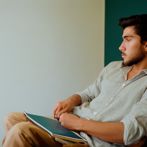 analog style "A 22-year-old attractive man studying Spanish sits in a modern, attractive Mexican interior with a book or tablet in Spanish. He is dressed in stylish clothes that emphasize his maturity. In the background, bright Mexican elements such as paintings or decor , highlighting the culture Wear a hat And make a beautiful face This should be a book in Spanish Make beautiful lips