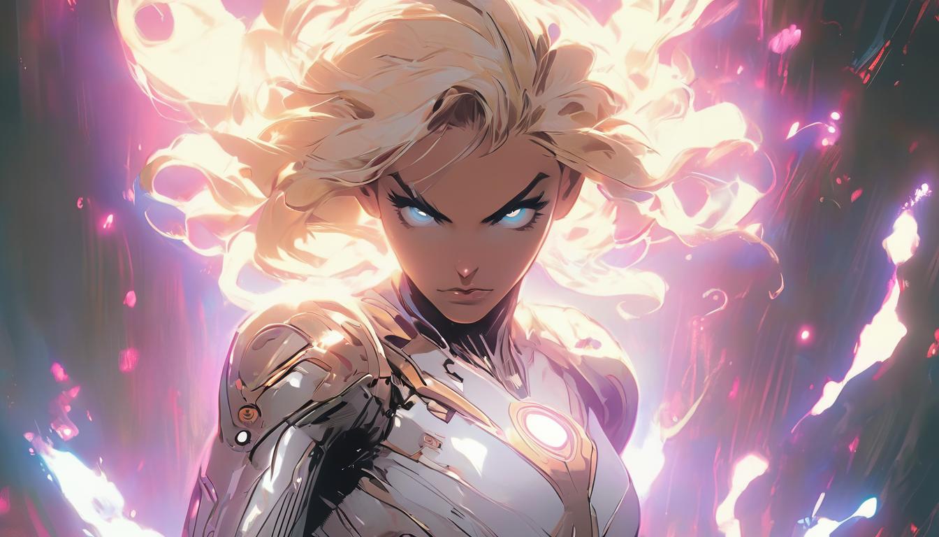  hyperrealism,fantasy aesthetic1woman, large busted attractive blonde arian female humanoid, introspective pose, surrounded by ethereal glow, high tech clothing clad in sleek, futuristic costume with metallic accents and form fitting designs, marvel superhero comics style, unreal engine rendering