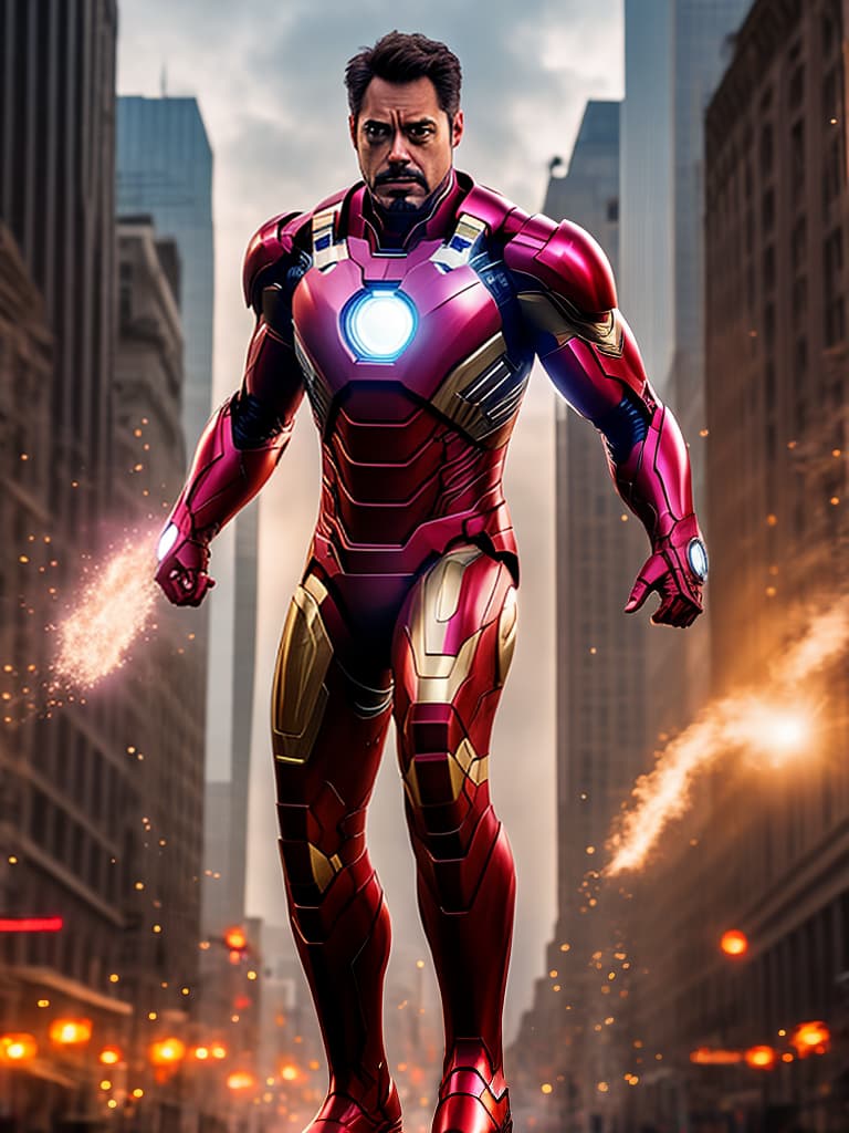  ironman tony stark in cinematic poster hyperrealistic, full body, detailed clothing, highly detailed, cinematic lighting, stunningly beautiful, intricate, sharp focus, f/1. 8, 85mm, (centered image composition), (professionally color graded), ((bright soft diffused light)), volumetric fog, trending on instagram, trending on tumblr, HDR 4K, 8K