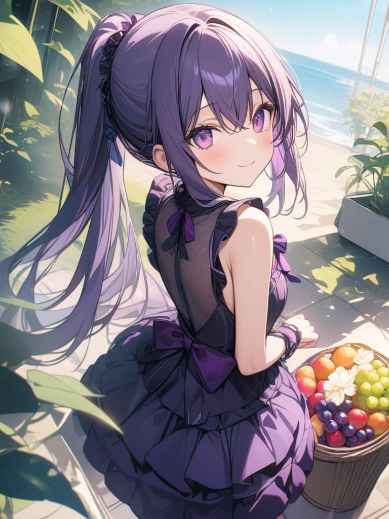  Cute, , long hair, thin body, ponytail, purple hair, purple eyes, smiling, g, , g decoration, purple clothes, gs fruits, frill dress, sister, masterpiece, best quality,8k,ultra detailed,high resolution,an extremely delicate and beautiful,hyper detail