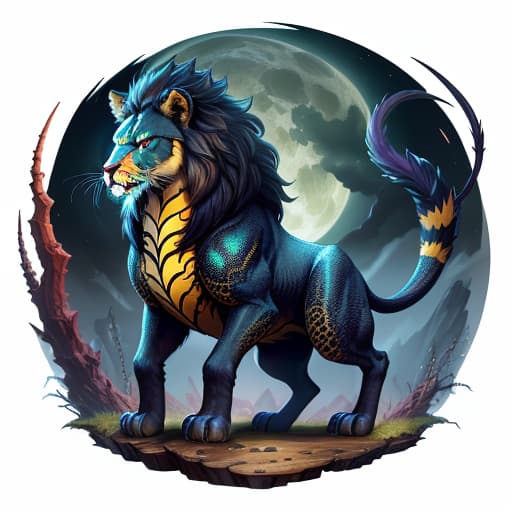  Create a detailed and imaginative illustration of a hybrid creature that combines the majestic and powerful features of a lion with the sinister and deadly aspects of a scorpion. The creature should have the muscular body and mane of a lion, but with the addition of scorpion-like elements such as a segmented tail with a venomous stinger, chitinous plates covering parts of its body, and possibly additional scorpion legs or pincers. The environment should be a dramatic, perhaps eerie landscape that enhances the mythical and dangerous nature of this hybrid beast., hyperrealistic, high quality, highly detailed, perfect lighting, intricate, sharp focus, f/1. 8, 85mm, (centered image composition), (professionally color graded), ((bright soft diff