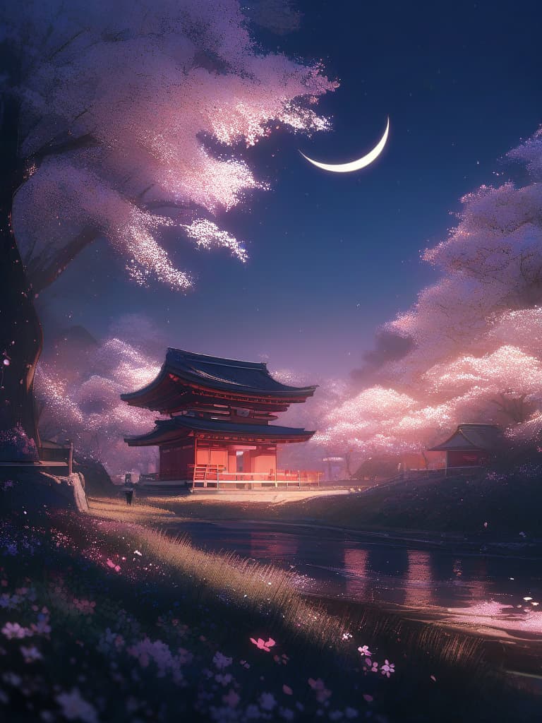  Scenery, Senbon Torii, cherry blossom petals, crescent moon, night, masterpiece, best quality,8k,ultra detailed,high resolution,an extremely delicate and beautiful,hyper detail