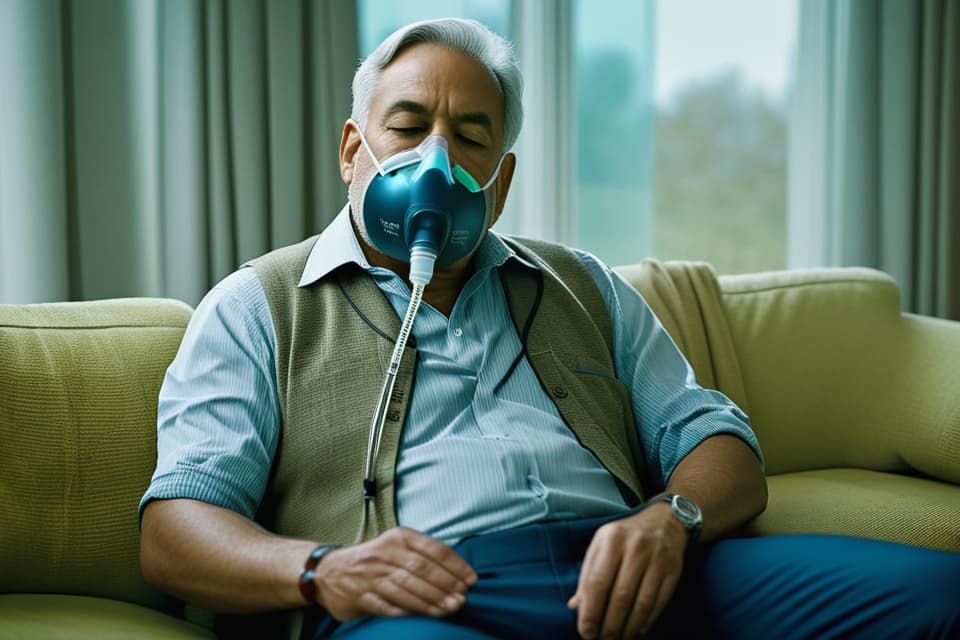  "Realistic image of a middle aged male sitting on a chair in a well lit, cozy living room. He is using a nebulizer mask connected to a portable oxygen concentrator placed on a small table beside him. The man looks weary but determined, focusing on his breathing. The background features a soft, warm color palette with a window showing a sunny day outside, symbolizing hope and comfort. The scene is detailed and close up, ensuring the medical equipment and the man's expression are the main focus, with no distractions."Ensure no face,leg,hand or eye defomities.Ensure all images are clear, detailed, contains no text and no deformities. realistic, highly detailed, photorealistic, cinematic lighting, intricate, sharp focus, f/1.8, 85mm, (centered  hyperrealistic, full body, detailed clothing, highly detailed, cinematic lighting, stunningly beautiful, intricate, sharp focus, f/1. 8, 85mm, (centered image composition), (professionally color graded), ((bright soft diffused light)), volumetric fog, trending on instagram, trending on tumblr, HDR 4K, 8K