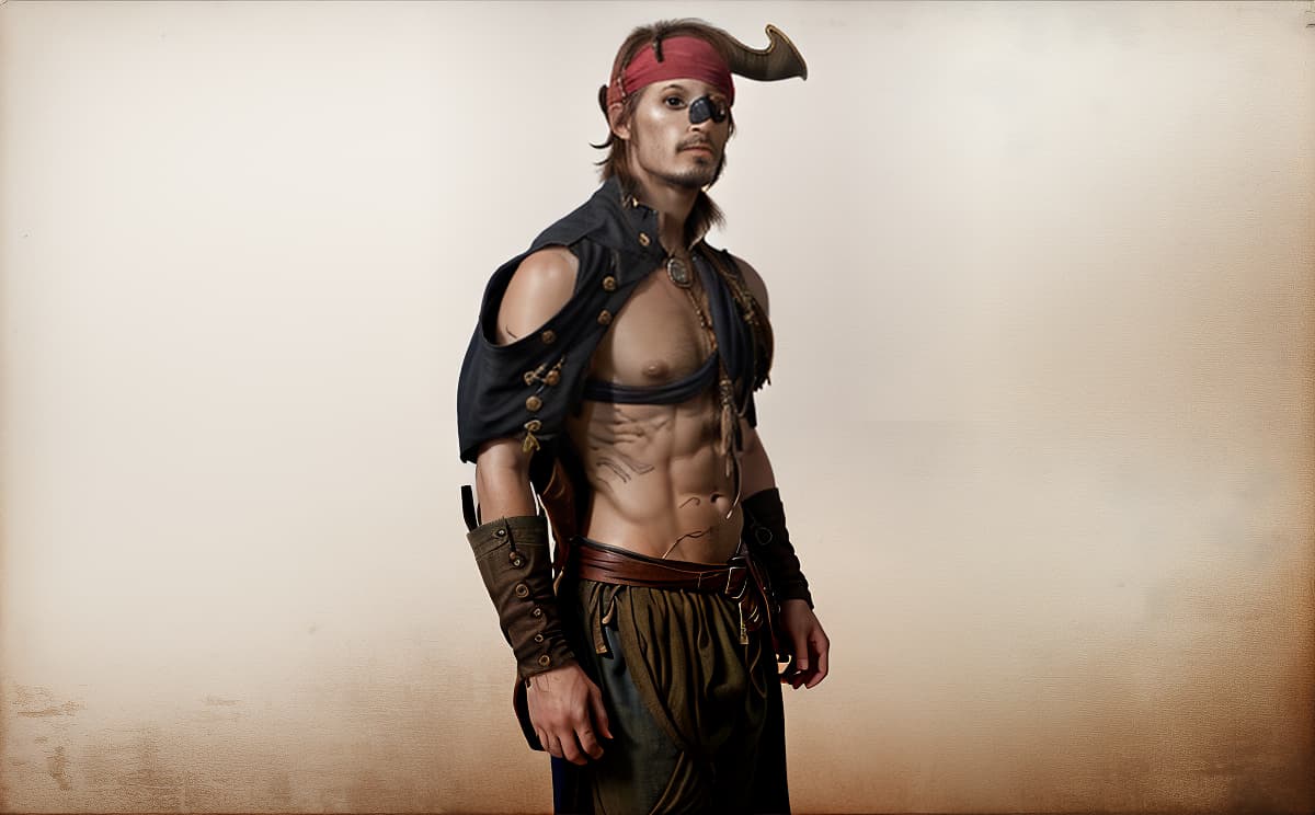  Transform the uploaded photo of a person into an image of a pirate. Add pirate themed elements such as an eye patch, a tricorn hat, a parrot on the shoulder, a pirate coat, and a background featuring a pirate ship or a treasure island. Ensure the person retains their original facial features while blending seamlessly with the pirate attire and setting. The final image should be vibrant, detailed, and convey a classic pirate look