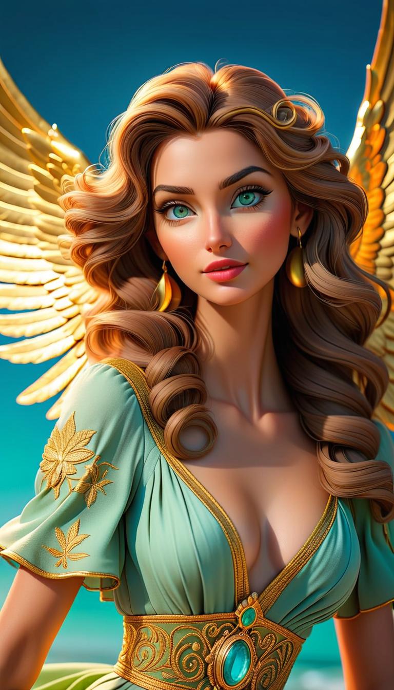  Professional 3D model of Create an image of a mystical angel with curly brown hair down to the shoulders, green eyes, and golden wings. In the background, something similar to a turquoise blue sky with two moons and other distant angels, a paradisiacal place like a beach. . Rendered with Octane, the model is highly detailed,dramatic lighting. hyperrealistic, full body, detailed clothing, highly detailed, cinematic lighting, stunningly beautiful, intricate, sharp focus, f/1. 8, 85mm, (centered image composition), (professionally color graded), ((bright soft diffused light)), volumetric fog, trending on instagram, trending on tumblr, HDR 4K, 8K