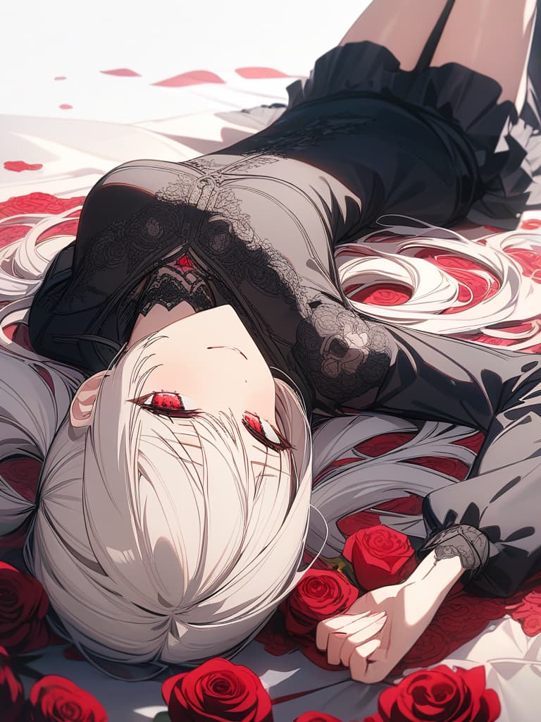  Hair colored beige, black gothic fashion, twin tails, long hair, roses are motifs, eyes are red, smiling, lying back, whole body, masterpiece, best quality,8k,ultra detailed,high resolution,an extremely delicate and beautiful,hyper detail