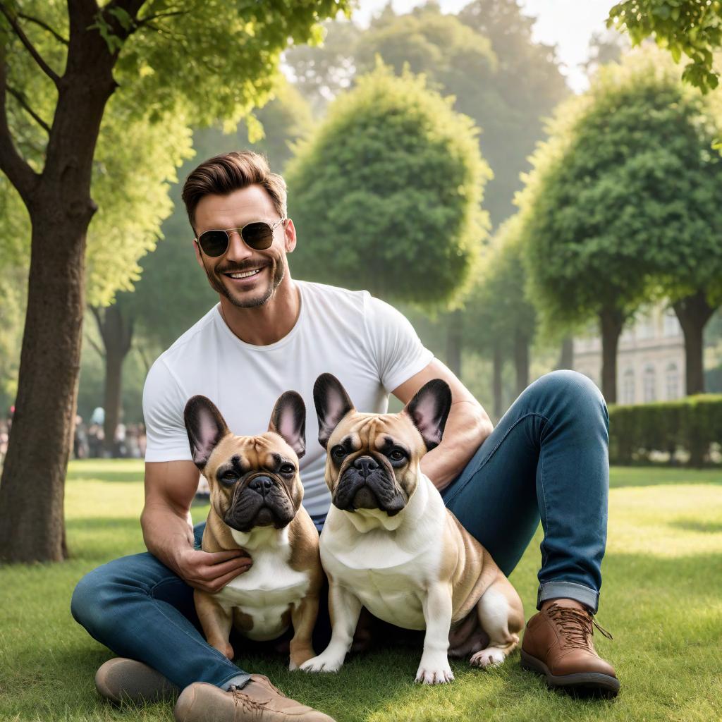  A picture of a guy with two French bulldogs. The guy is tall, wearing a casual outfit consisting of jeans and a t-shirt. He has short brown hair and a friendly smile. The French bulldogs are playful and affectionate, one is brown and white, and the other is black and white. They are all standing in a park with green trees in the background. hyperrealistic, full body, detailed clothing, highly detailed, cinematic lighting, stunningly beautiful, intricate, sharp focus, f/1. 8, 85mm, (centered image composition), (professionally color graded), ((bright soft diffused light)), volumetric fog, trending on instagram, trending on tumblr, HDR 4K, 8K