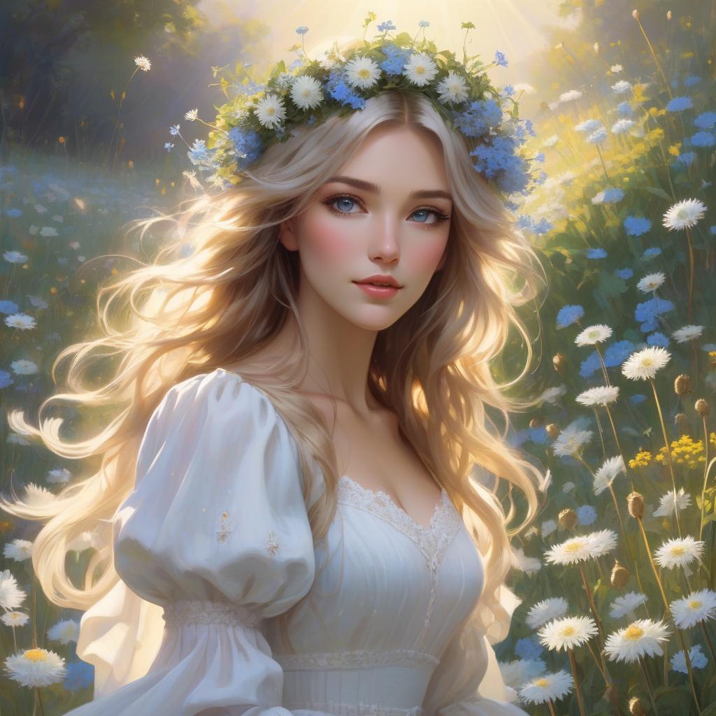  grunge style A with a floral crown and flowing hair is amidst a bright field of flowers, sunlight dappling through, creating a serene, magical atmosphere In the style of Daniel F Gerhartz and Morgan Weistling. A young with long, wavy hair adorned with small blue and white flowers blowing on a dandelion in a meadow filled with dandelions and other small flowers. She wears a white dress with puffy sleeves. The scene is ed in soft, warm light, creating a dreamy, ethereal atmosphere. Started from image: . textured, distressed, vintage, edgy, punk rock vibe, dirty, noisy hyperrealistic, full body, detailed clothing, highly detailed, cinematic lighting, stunningly beautiful, intricate, sharp focus, f/1. 8, 85mm, (centered image composition), (professionally color graded), ((bright soft diffused light)), volumetric fog, trending on instagram, trending on tumblr, HDR 4K, 8K