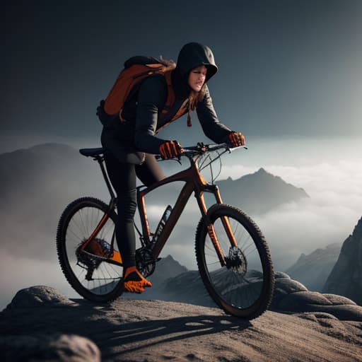  Bicycle mountain hyperrealistic, full body, detailed clothing, highly detailed, cinematic lighting, stunningly beautiful, intricate, sharp focus, f/1. 8, 85mm, (centered image composition), (professionally color graded), ((bright soft diffused light)), volumetric fog, trending on instagram, trending on tumblr, HDR 4K, 8K