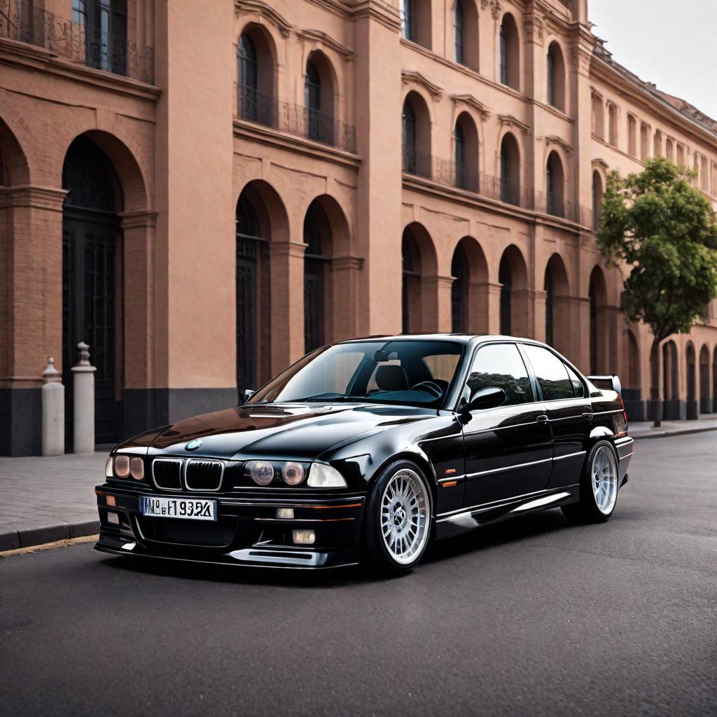  1995 BMW E36 M3 Saloon, black color. Emphasize the sleek design, sporty aesthetics, detailed headlights, signature kidney grille, and sporty alloy wheels. Place the car on a clean street background with good lighting to highlight its features. hyperrealistic, full body, detailed clothing, highly detailed, cinematic lighting, stunningly beautiful, intricate, sharp focus, f/1. 8, 85mm, (centered image composition), (professionally color graded), ((bright soft diffused light)), volumetric fog, trending on instagram, trending on tumblr, HDR 4K, 8K