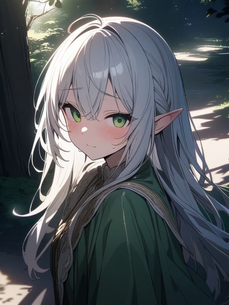  White hair,elf,blushing,maiden in love,love,cute,beautiful girl,gr crown,gr attribute,in the forest,green eyes,green robe,wide open eyes,sweat,flushed face、ultra detailed,best shadow,cute and beautiful face,(masterpiece:1.2),(best quality:1.2),detailed background,high contrast,(best illumination,an extremely delicate and beautiful),((cinematic light)),hyper detail,dramatic light,intricate details,8k,anime,very aesthetic, masterpiece, best quality,8k,ultra detailed,high resolution,an extremely delicate and beautiful,hyper detail