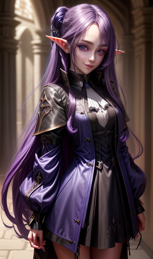  A dark elf , from fantasy world, masterpiece, best quality, 1, blue eyes, collared shirt, dress shirt, jacket, lips, long hair, long sleeves, purple jacket, purple hair, shirt, , solo, white shirt, wing collar ,standing, portrait, smile, <lora:backlight slider v10: 1>