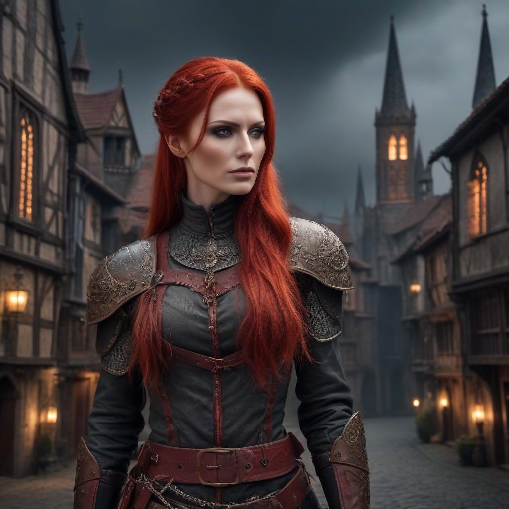  macabre style A tall, muscular with red hair and a head. She has scars. She is wearing hiking gear in a medieval fantasy city. . dark, gothic, grim, haunting, highly detailed hyperrealistic, full body, detailed clothing, highly detailed, cinematic lighting, stunningly beautiful, intricate, sharp focus, f/1. 8, 85mm, (centered image composition), (professionally color graded), ((bright soft diffused light)), volumetric fog, trending on instagram, trending on tumblr, HDR 4K, 8K