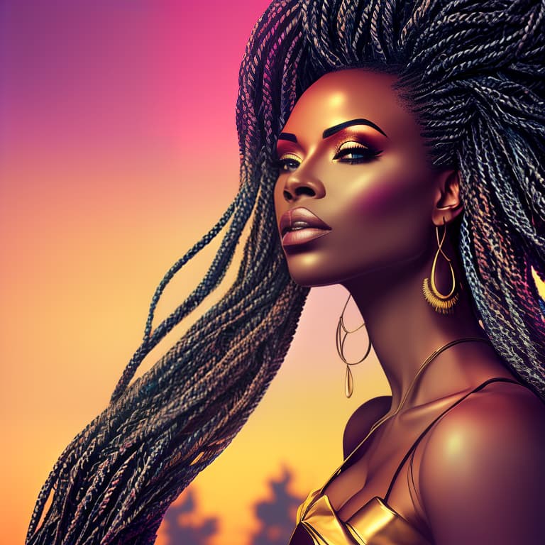 nvinkpunk close up of African woman with braids, wearing gold, Afro comb in her hair, graffiti hyperrealistic, full body, detailed clothing, highly detailed, cinematic lighting, stunningly beautiful, intricate, sharp focus, f/1. 8, 85mm, (centered image composition), (professionally color graded), ((bright soft diffused light)), volumetric fog, trending on instagram, trending on tumblr, HDR 4K, 8K