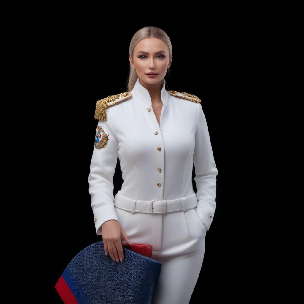  Stands against the background of the flag of Russia hyperrealistic, full body, detailed clothing, highly detailed, cinematic lighting, stunningly beautiful, intricate, sharp focus, f/1. 8, 85mm, (centered image composition), (professionally color graded), ((bright soft diffused light)), volumetric fog, trending on instagram, trending on tumblr, HDR 4K, 8K