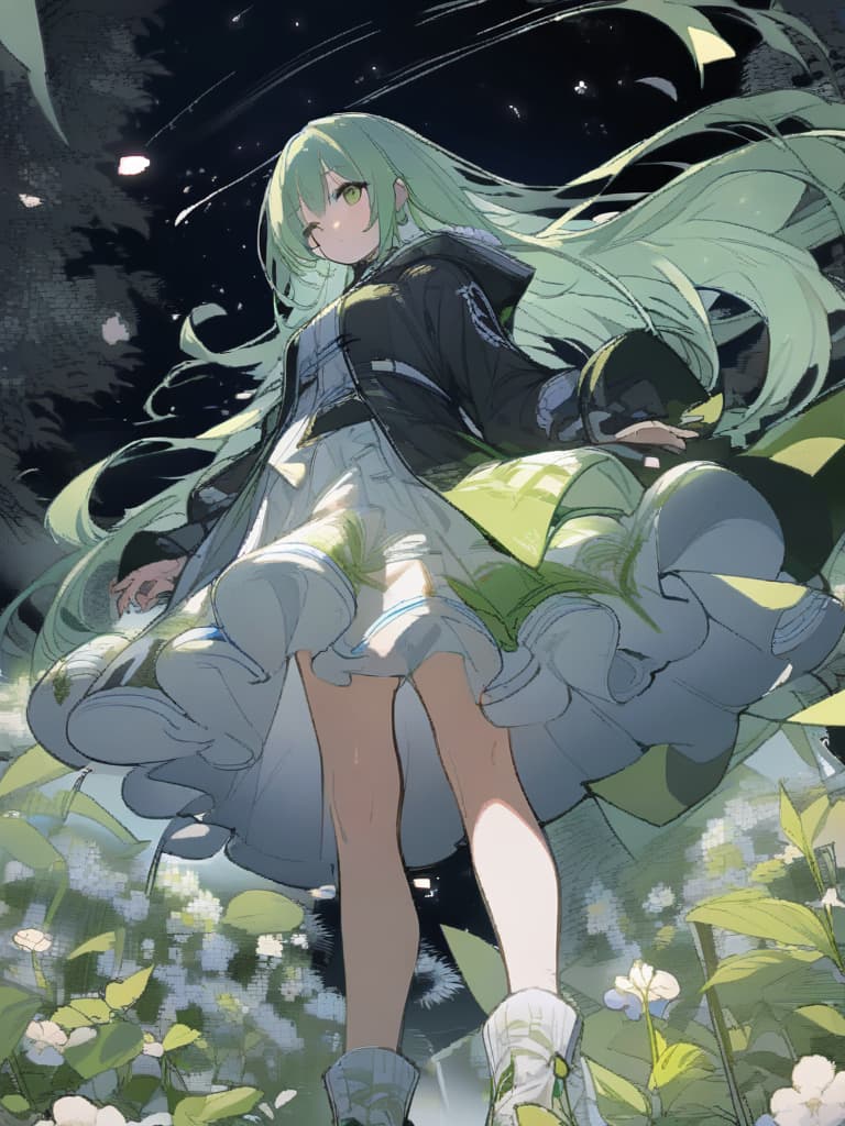  absurdres,ultra detail,1girl,medium long hair,blunt bangs,light smile,(oversized hooded jacket:1.1),(pale pink:1.1) layered long skirt,(looking up:1.2) starry sky,BREAK (simple line frame:1.6),(from below:1.2),(pale green toned:1.4),(simple black background:1.2)BREAK (meteor shower:1.3),(bamboo leafs:1.3),(flower garden:1.2),BREAK nice hands,perfect hands,<lyco:GoodHands beta2:1.0>,<lora:flat2: 0.5>, masterpiece, best quality,8k,ultra detailed,high resolution,an extremely delicate and beautiful,hyper detail