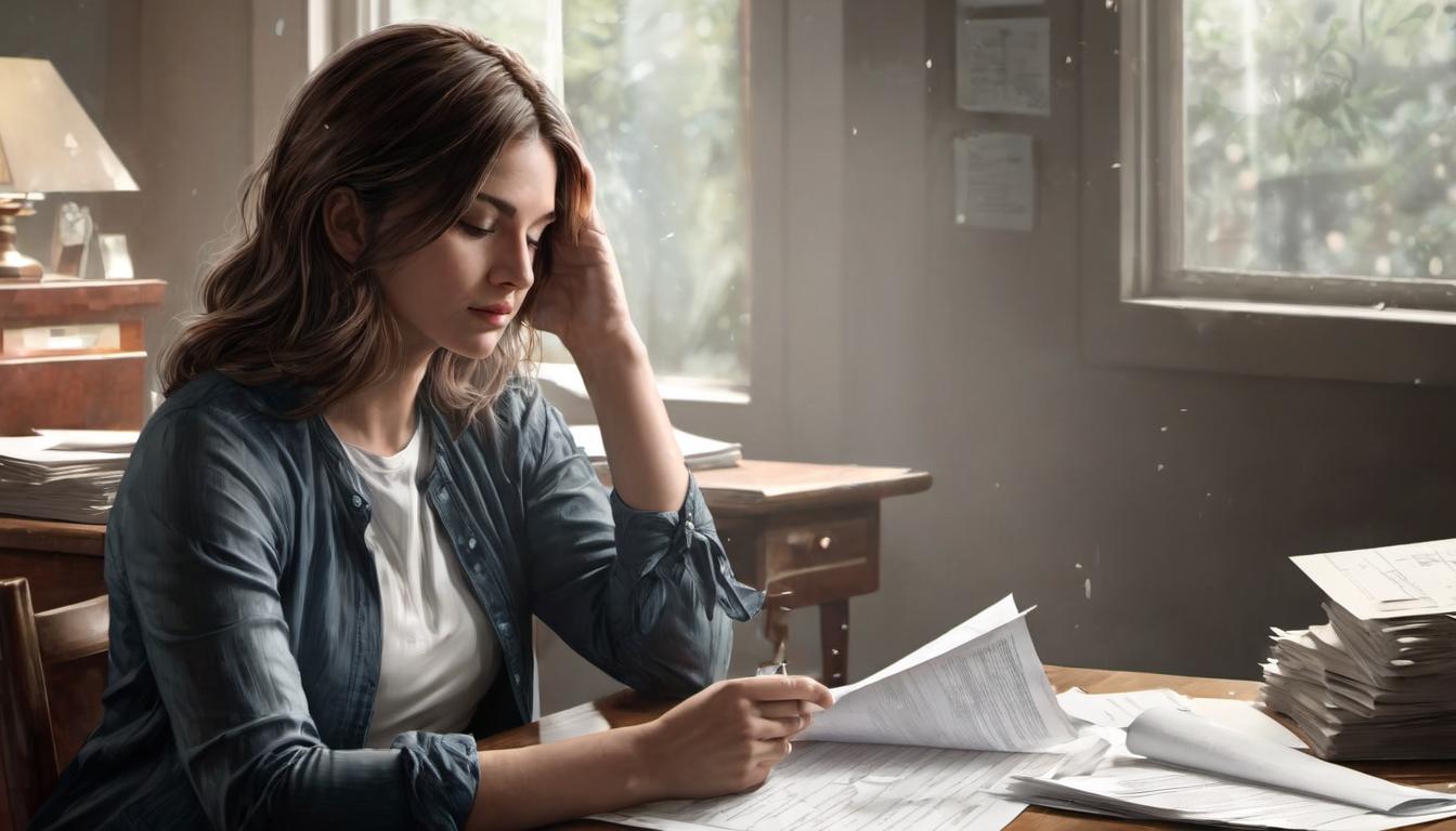  digital illustration, 1woman, sitting at a desk, face in hands, papers scattered around, soft light coming through window, melancholic, frustration, contemplation, looking at viewer, dynamic pose, (intricate details, masterpiece, best quality)