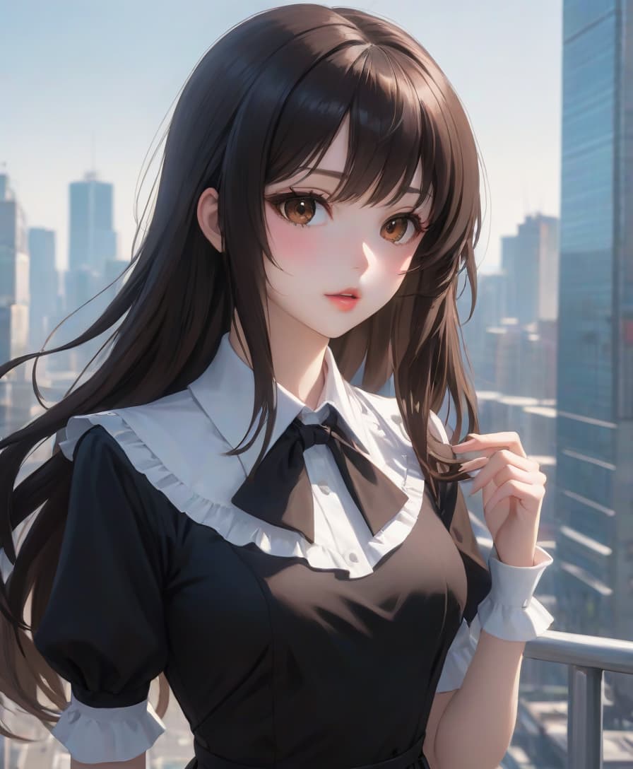  anime artwork beautiful , , oblique bangs, a mole under the lower lip in the middle of the chin. white skinned, European, brown eyes, long brown straight hair, side bangs, mole under the lower lip, slender figure, small neat s, dressed in a black dress with a white collar and white cuffs, full length, against the backdrop of a modern city. Skyscrs of Moscow City (photorealism, oil painting: 1.3), (full length shot: 1.3), charming , long flowing black hair, (large sensual mouth: 1.2), plump lips, sparkling brown eyes , narrow waist, (sensual drawing: 1.2), silvery glow, ethereal aura, detailed brushwork, intricate shadows and highlights, mysterious and captivating expression, unique color palette, masterf hyperrealistic, full body, detailed clothing, highly detailed, cinematic lighting, stunningly beautiful, intricate, sharp focus, f/1. 8, 85mm, (centered image composition), (professionally color graded), ((bright soft diffused light)), volumetric fog, trending on instagram, trending on tumblr, HDR 4K, 8K