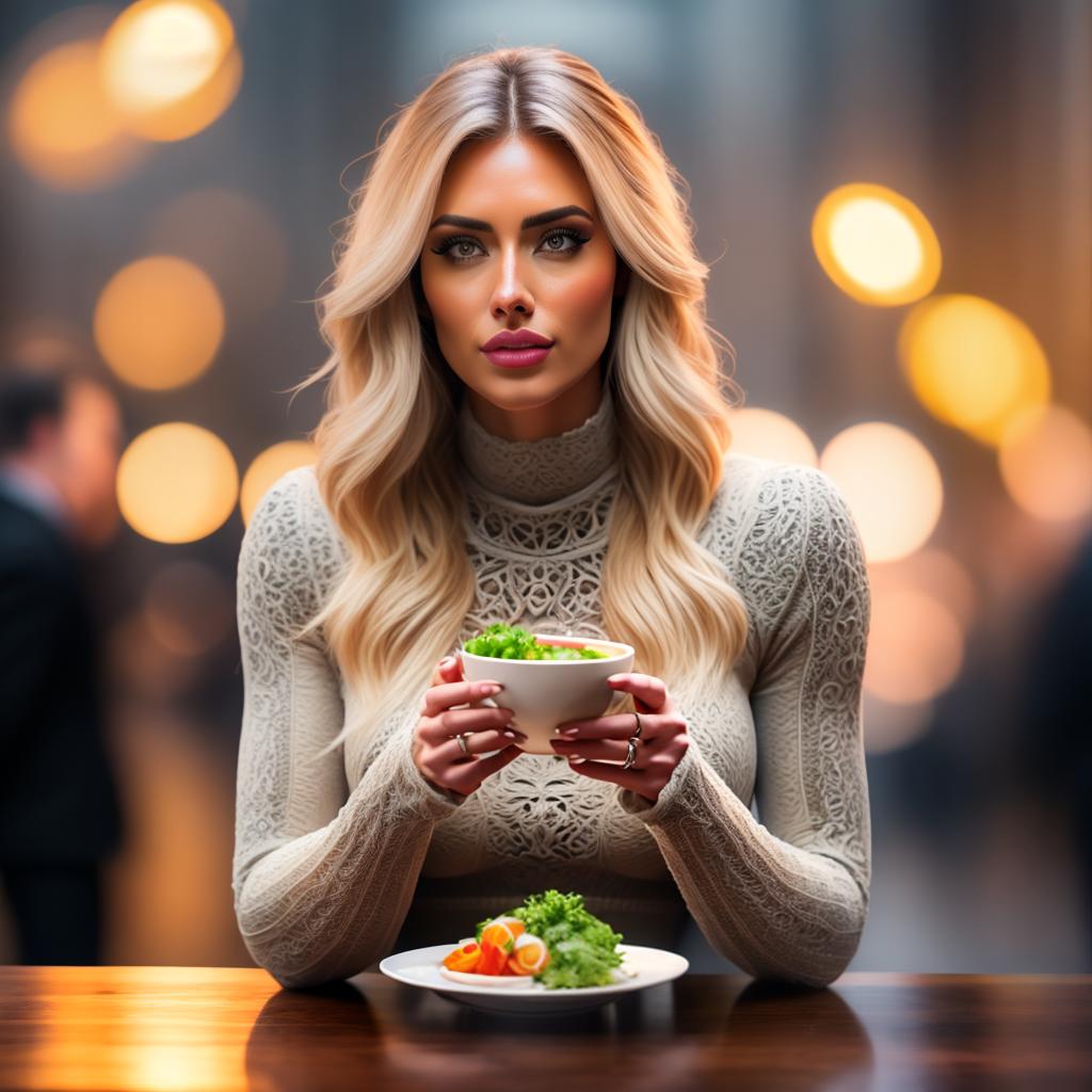  Eating healthy hyperrealistic, full body, detailed clothing, highly detailed, cinematic lighting, stunningly beautiful, intricate, sharp focus, f/1. 8, 85mm, (centered image composition), (professionally color graded), ((bright soft diffused light)), volumetric fog, trending on instagram, trending on tumblr, HDR 4K, 8K