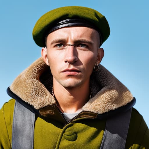 portrait+ style Russian queer sergeant brunette hunk dude face