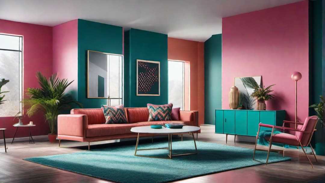  Generate an image of an 80's inspired living room with vibrant teal and pink walls. Include furniture with geometric shapes and angular lines typical of 80's decor. Add a bright neon sign with a retro slogan as a statement piece. Include a shaggy carpet and mirrored accents to enhance the vintage feel of the room. The atmosphere should be energetic, eclectic, and full of personality, reflecting the 80's retro style. hyperrealistic, full body, detailed clothing, highly detailed, cinematic lighting, stunningly beautiful, intricate, sharp focus, f/1. 8, 85mm, (centered image composition), (professionally color graded), ((bright soft diffused light)), volumetric fog, trending on instagram, trending on tumblr, HDR 4K, 8K