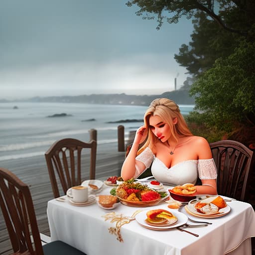  A beautiful breakfast by the seashore. hyperrealistic, full body, detailed clothing, highly detailed, cinematic lighting, stunningly beautiful, intricate, sharp focus, f/1. 8, 85mm, (centered image composition), (professionally color graded), ((bright soft diffused light)), volumetric fog, trending on instagram, trending on tumblr, HDR 4K, 8K