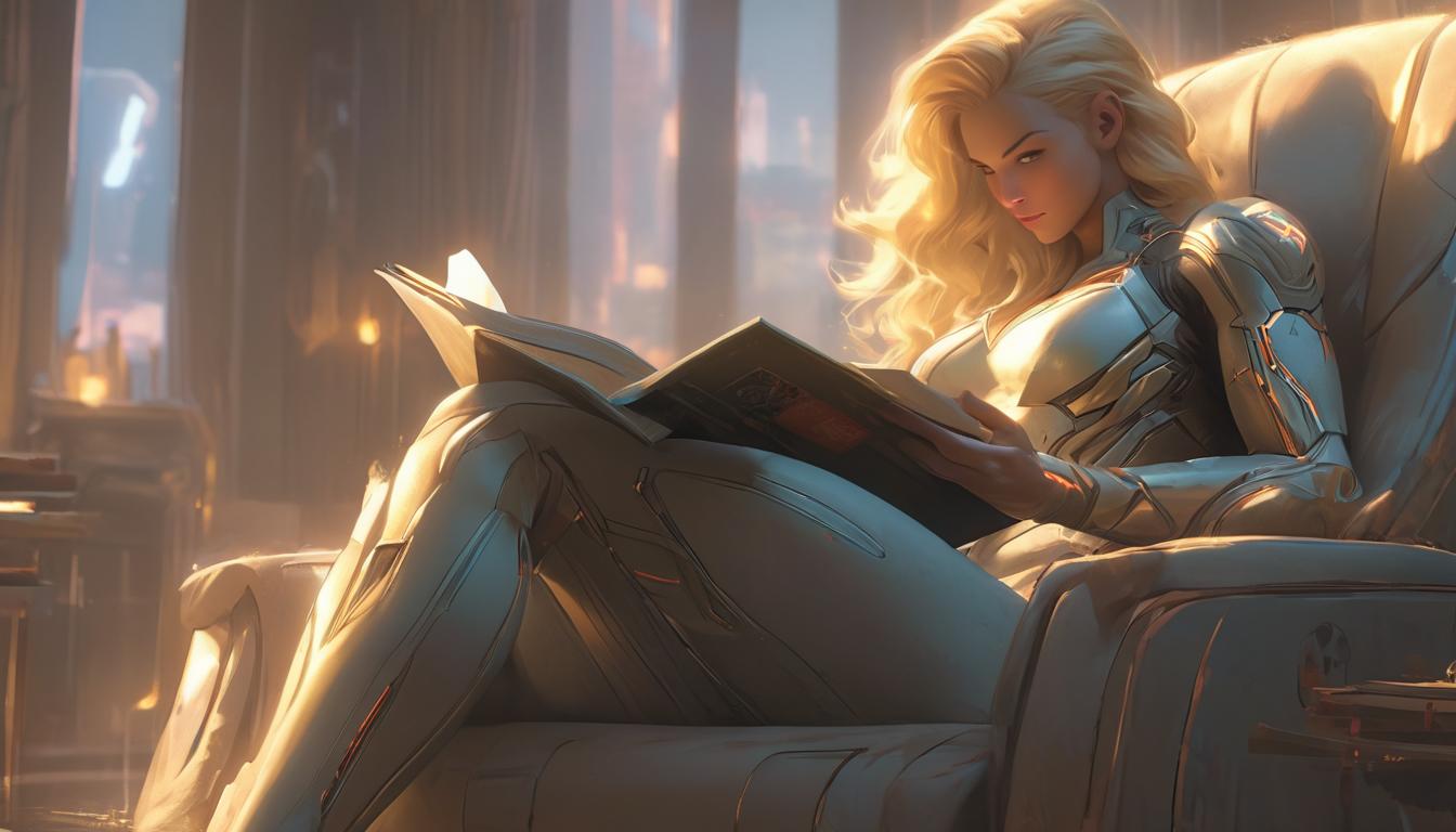  hyperrealism,fantasy aesthetic1woman, large busted attractive blonde arian female humanoid, casually dressed, seated in a comfortable armchair, reading a book, soft ambient light, cozy setting, nostalgic., high tech clothing clad in sleek, futuristic costume with metallic accents and form fitting designs, marvel superhero comics style, unreal engine rendering