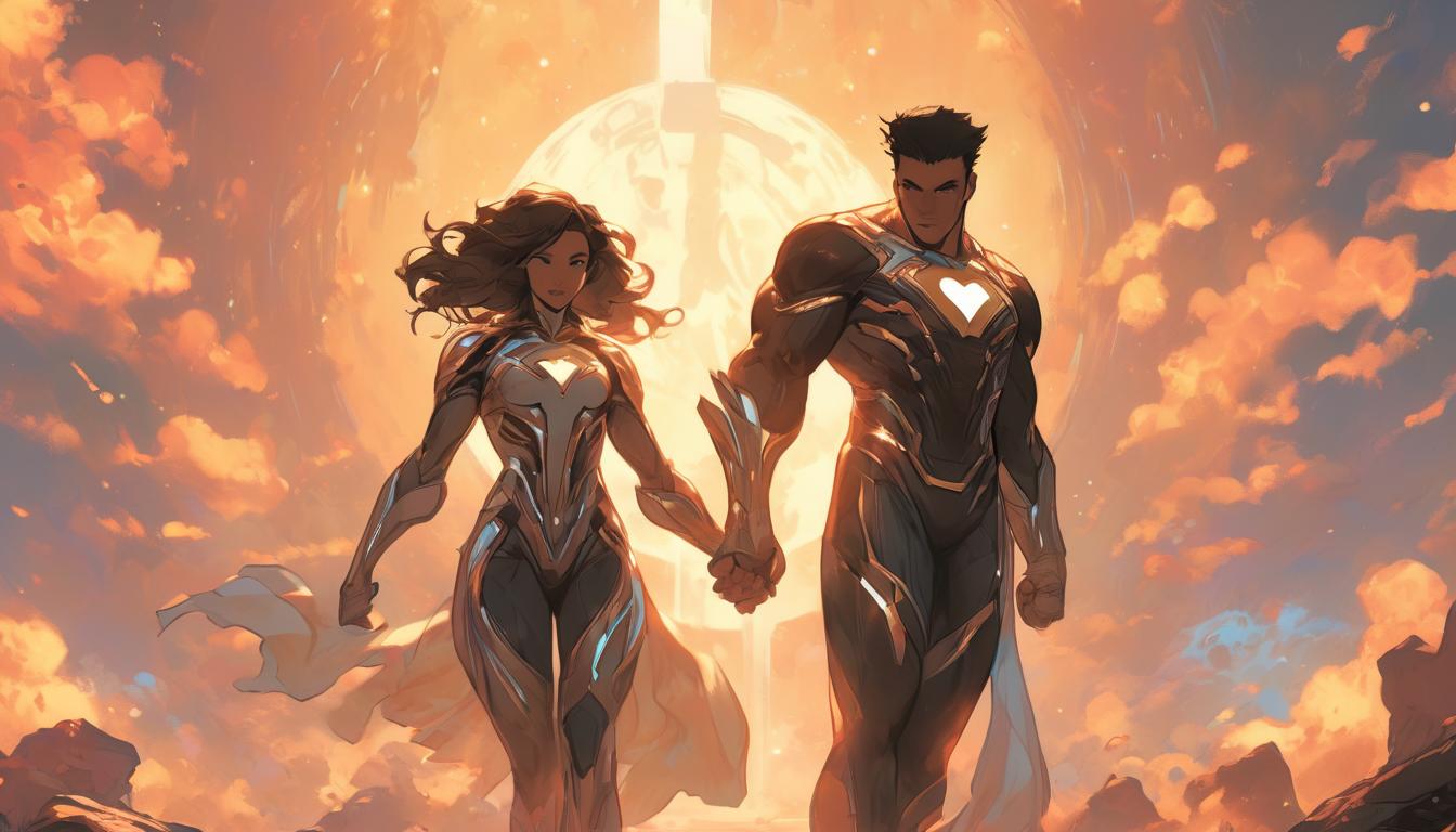  hyperrealism,fantasy aesthetic1man1woman, large busted attractive brunette arian female humanoid and handsome arian male humanoid, holding hands, radiating love, cosmic landscape, high tech clothing clad in sleek, futuristic costume with metallic accents and form fitting designs, marvel superhero comics style, unreal engine rendering